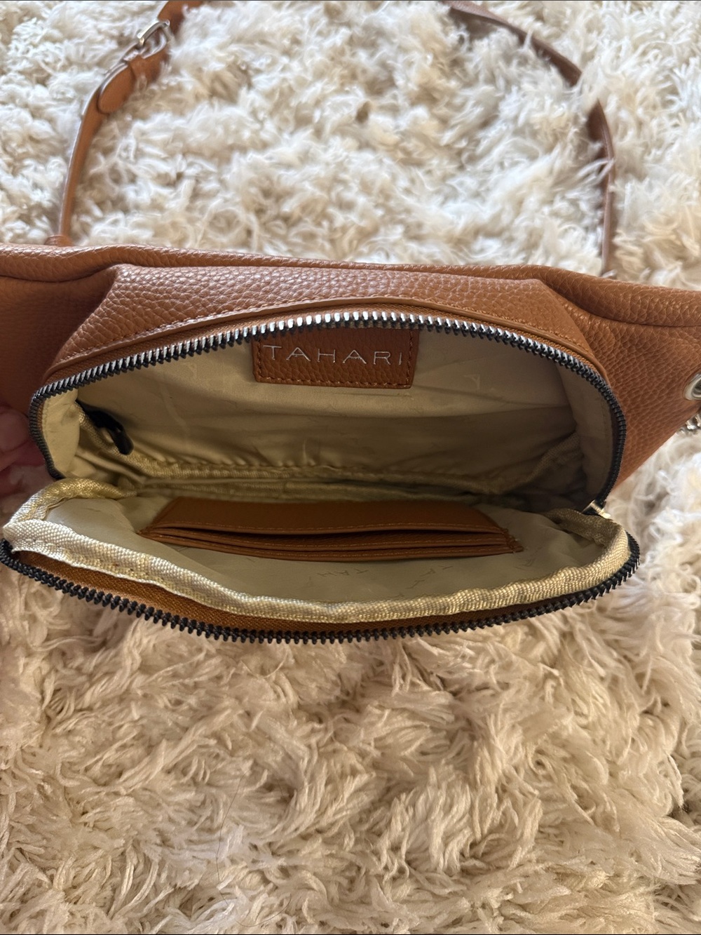 Tahari Tan Pebbled Leather Crossbody with Silver-T Logo - Picture 2 of 4